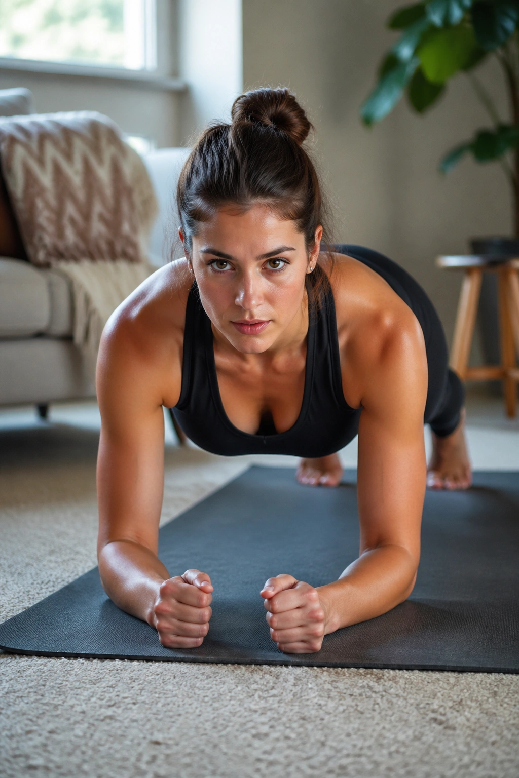 Mid-torso image of a person in a forearm plank with knee hovers on a mat.