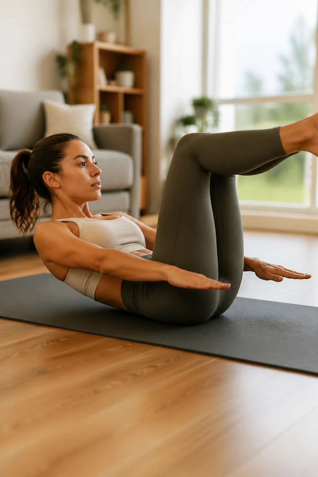Close-up of a woman performing Pilates Hundred on a mat in a home workout setting