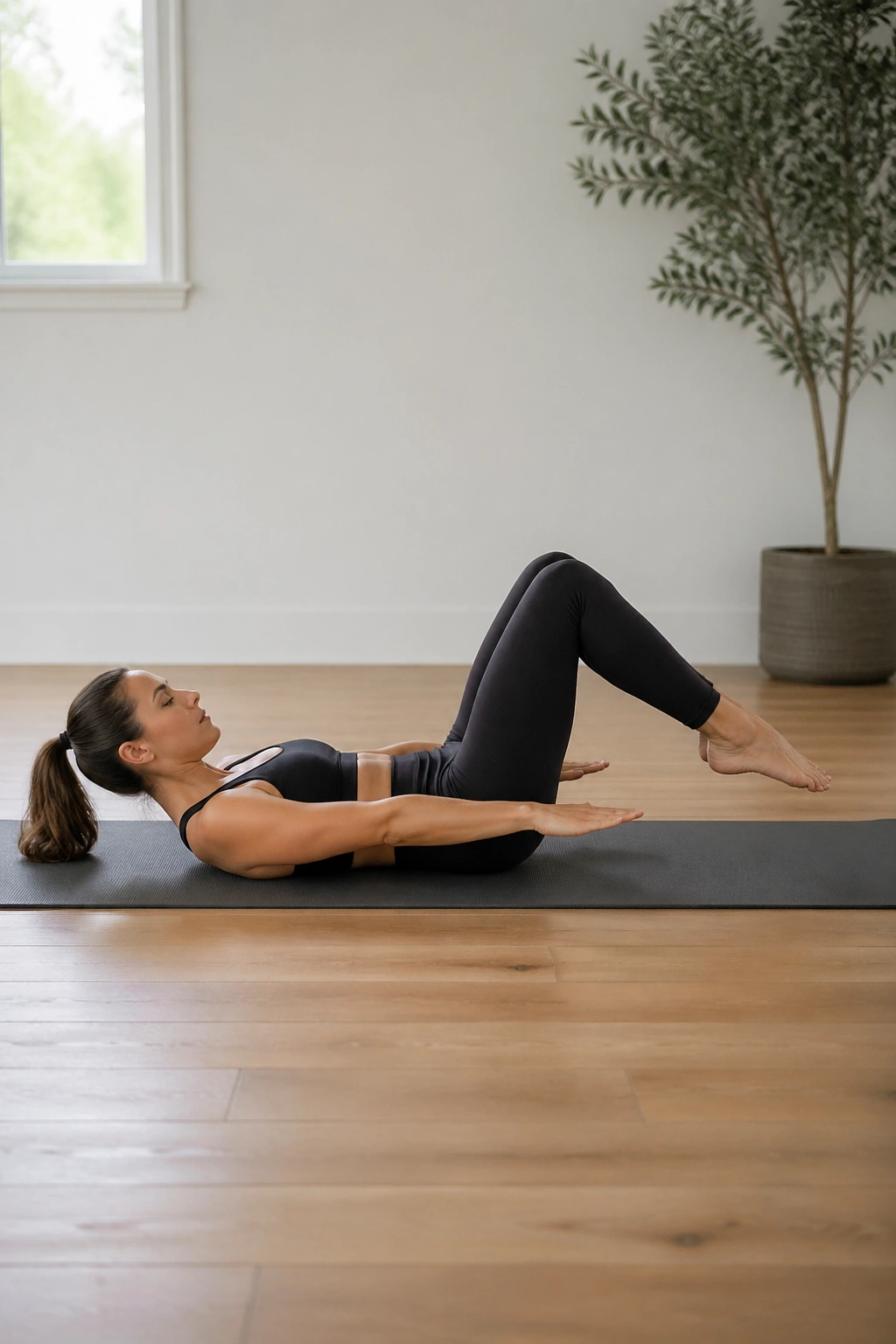 Person performing Pilates hundred with heels hovering and arms pumping