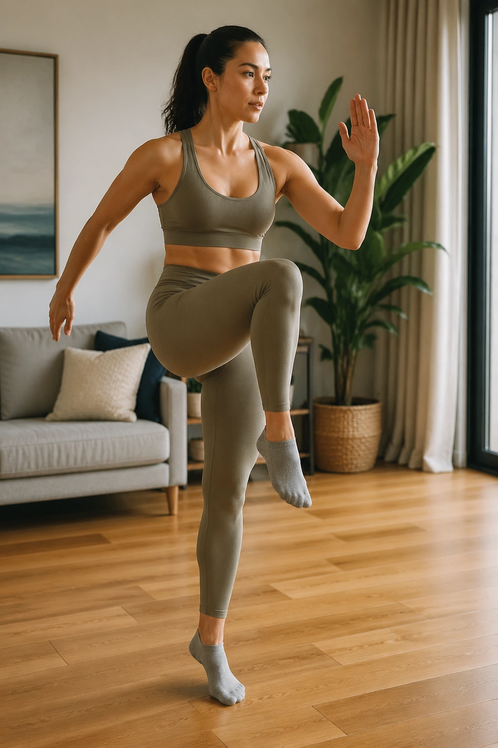 Person performing dynamic standing Pilates moves in a living room