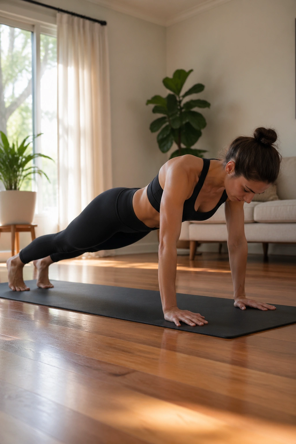 Pilates plank hold showing full-body tension with proper form