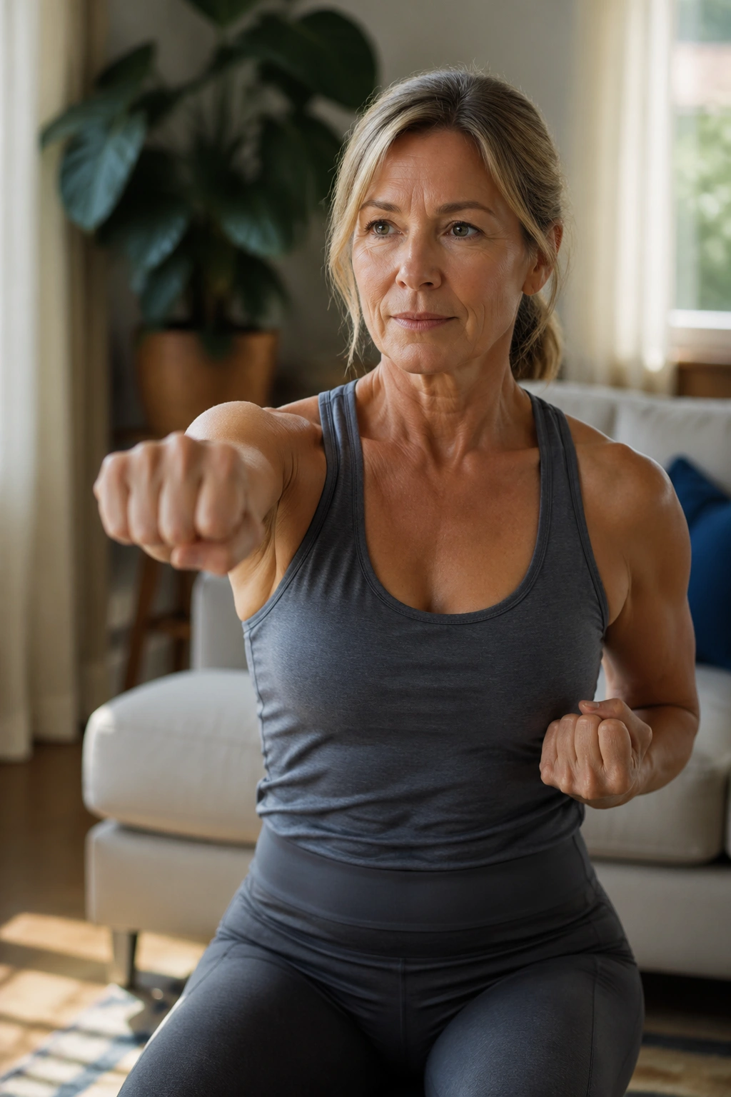 Medium close-up of a woman performing Pilates punches to wake up the upper back in a sunlit living room
