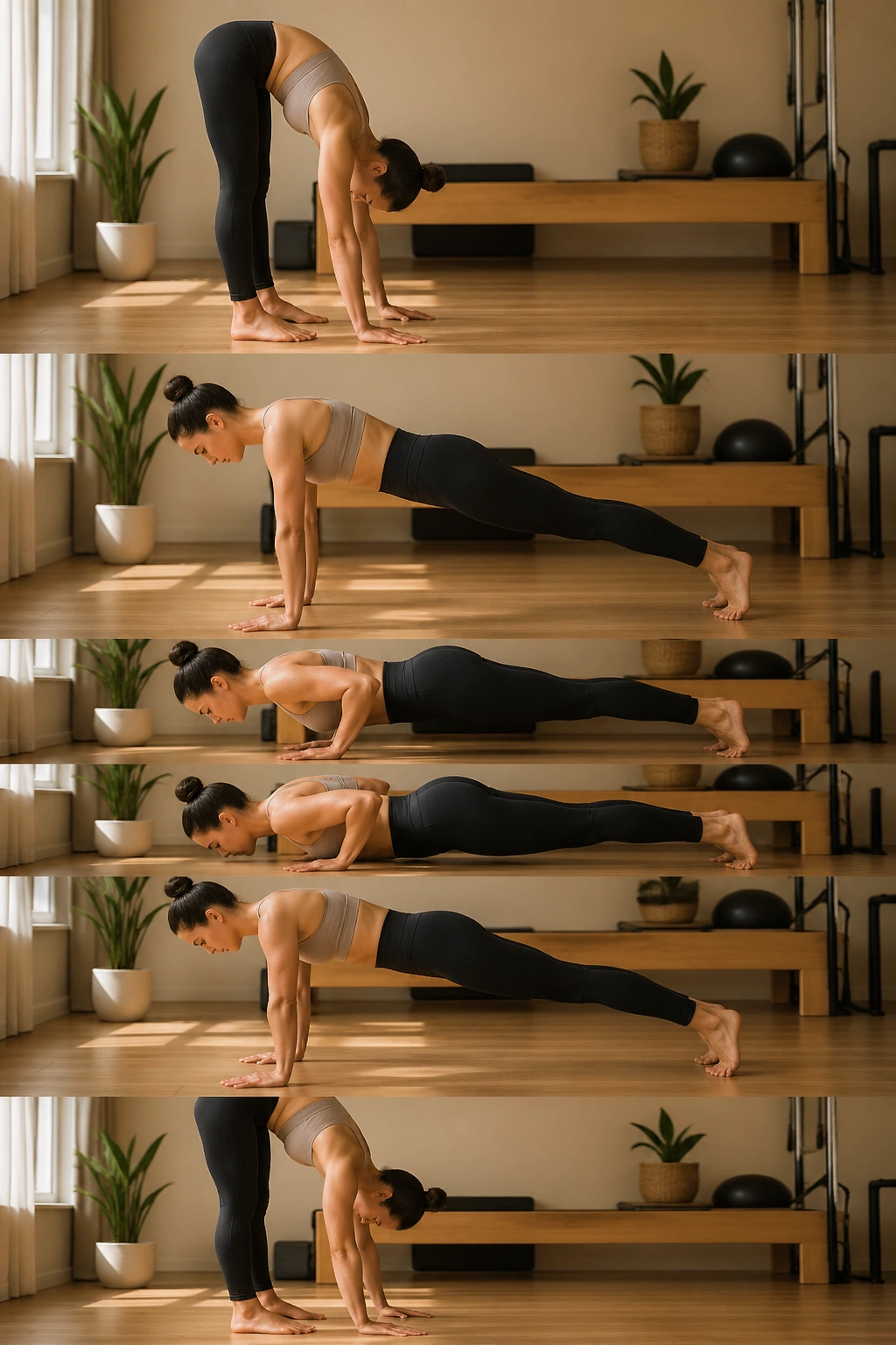 Person performing Pilates push-up walkout sequence with narrow push-ups