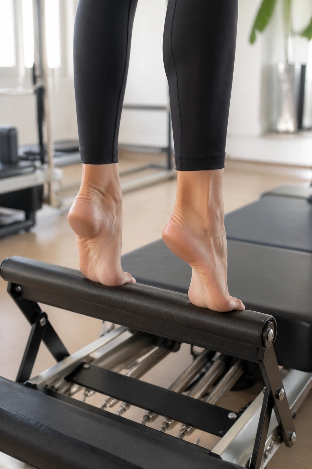 Feet in second-position toes press on reformer showing turnout and arch engagement