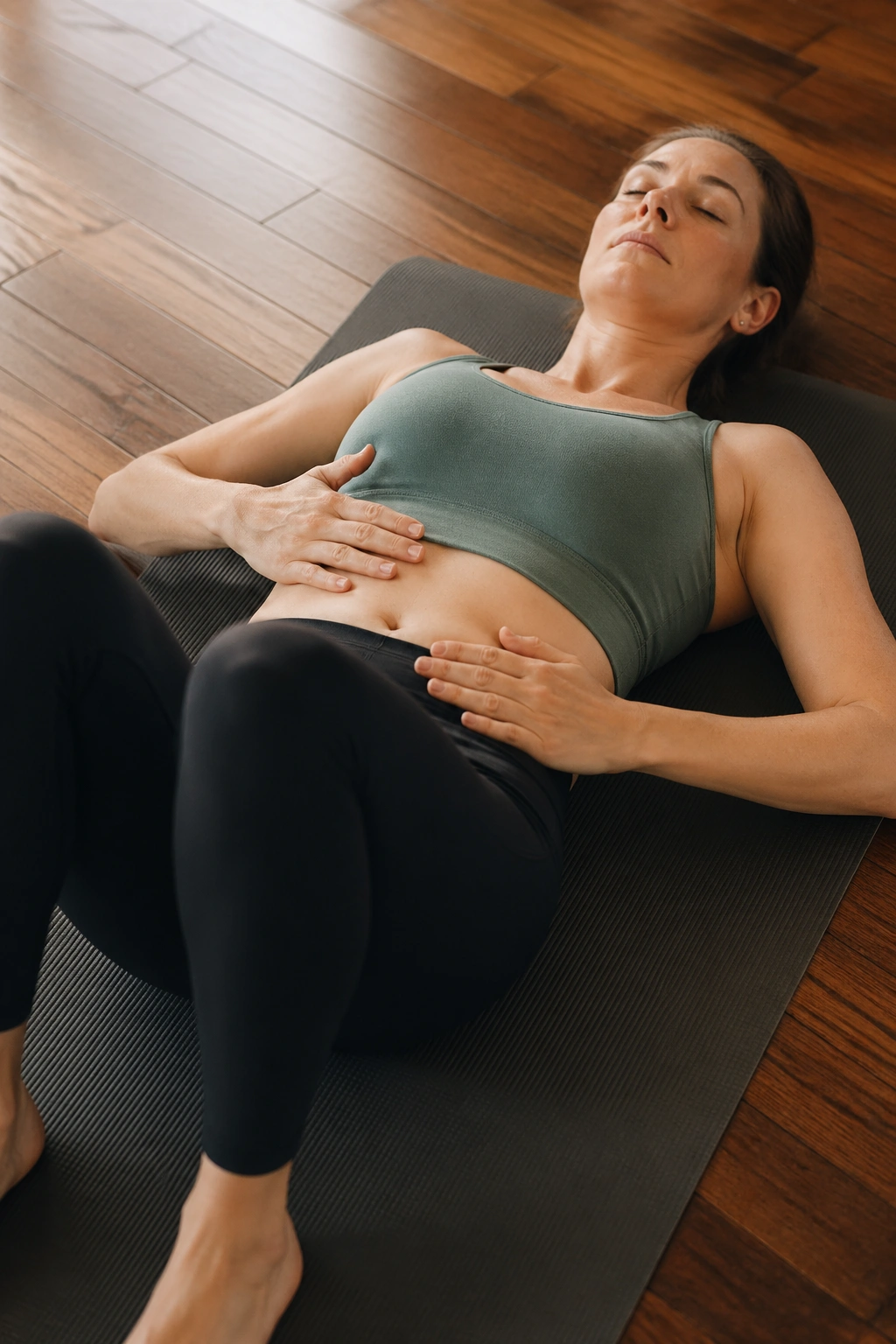 Close-up of a person lying on a mat, hand on side ribs and belly to show lateral rib breathing
