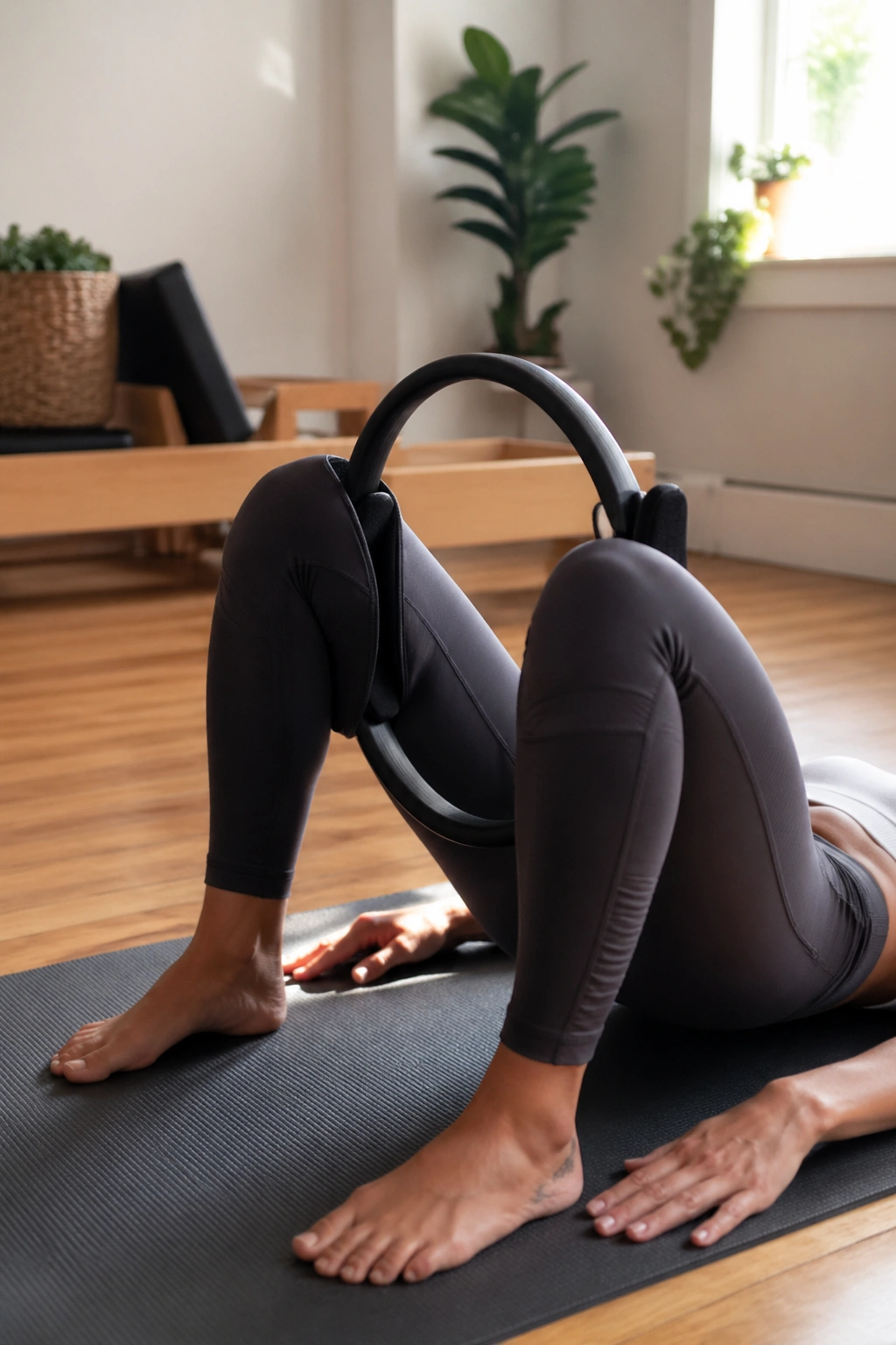 Close-up of a person on a mat with a Pilates ring between inner thighs just above the knees