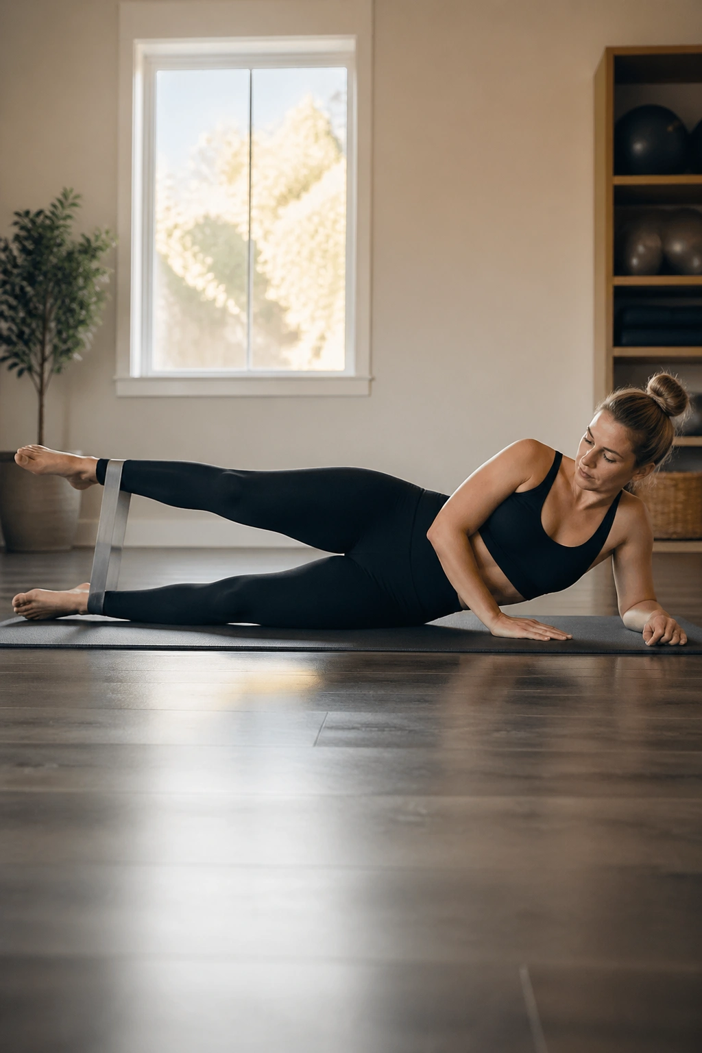 Real person performing side-lying kicks front-to-back with a resistance band around the legs