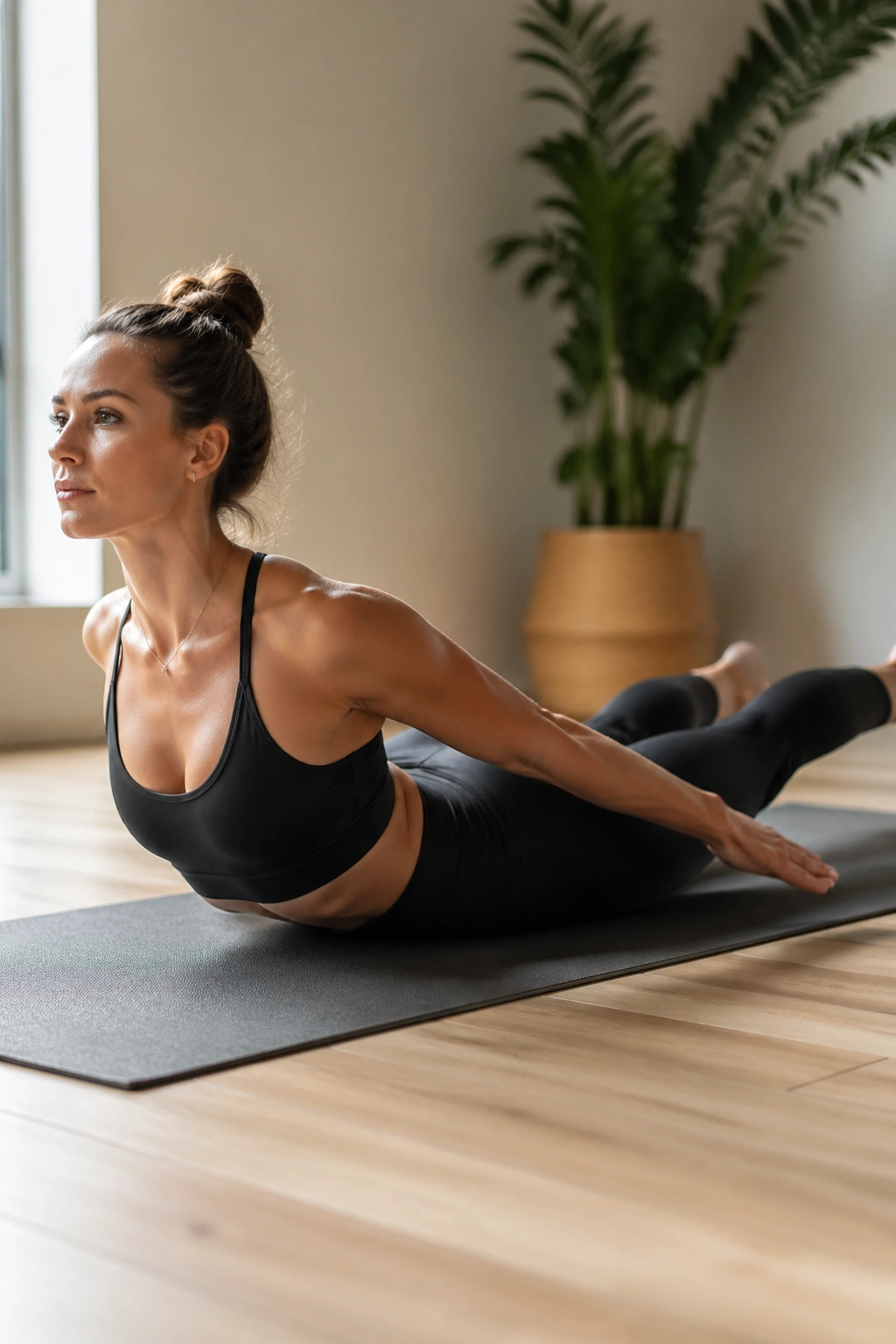 Real person performing Swan Prep and Swimming on a mat with back extension.