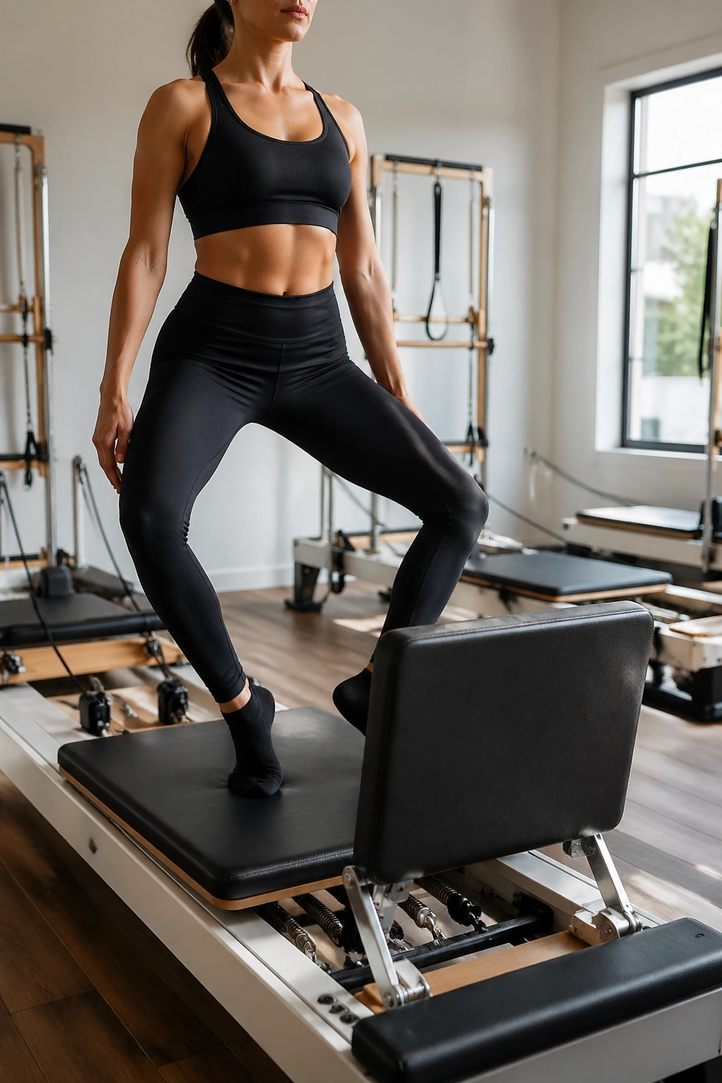 Medium close-up of legs forming a V shape on the reformer during Pilates V Jumpboard Jumps.