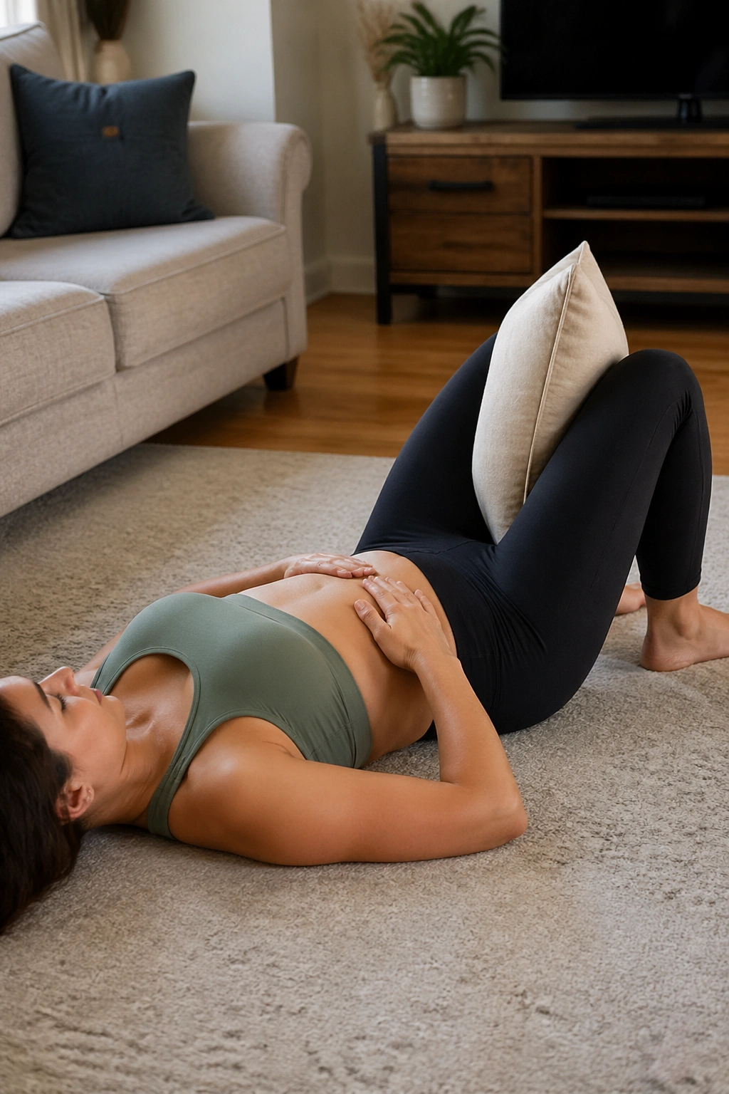 Close-up of a postpartum woman performing pillow squeeze between knees on a living room rug.