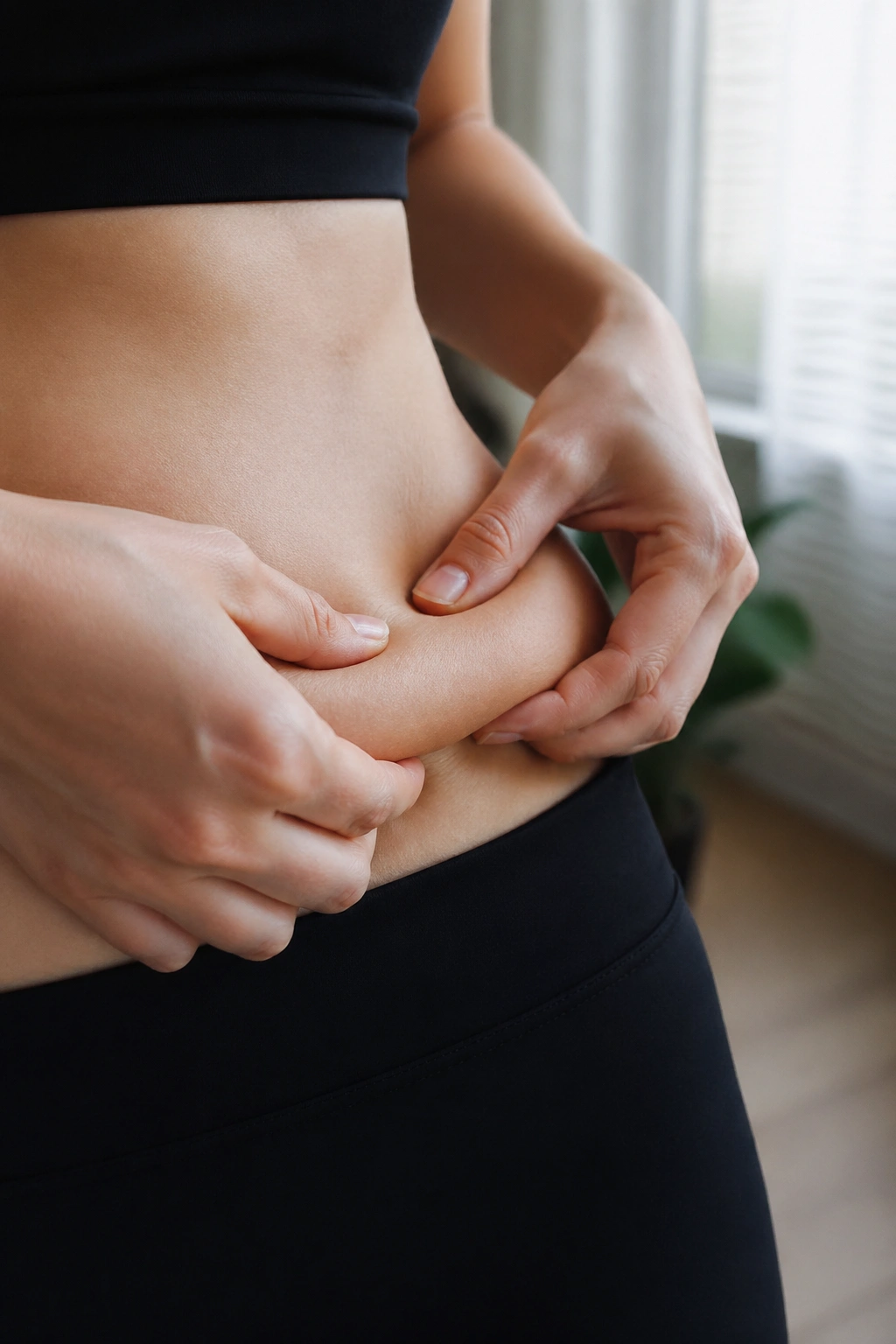 Close-up of pinch-and-roll along the waistline on a real person's abdomen