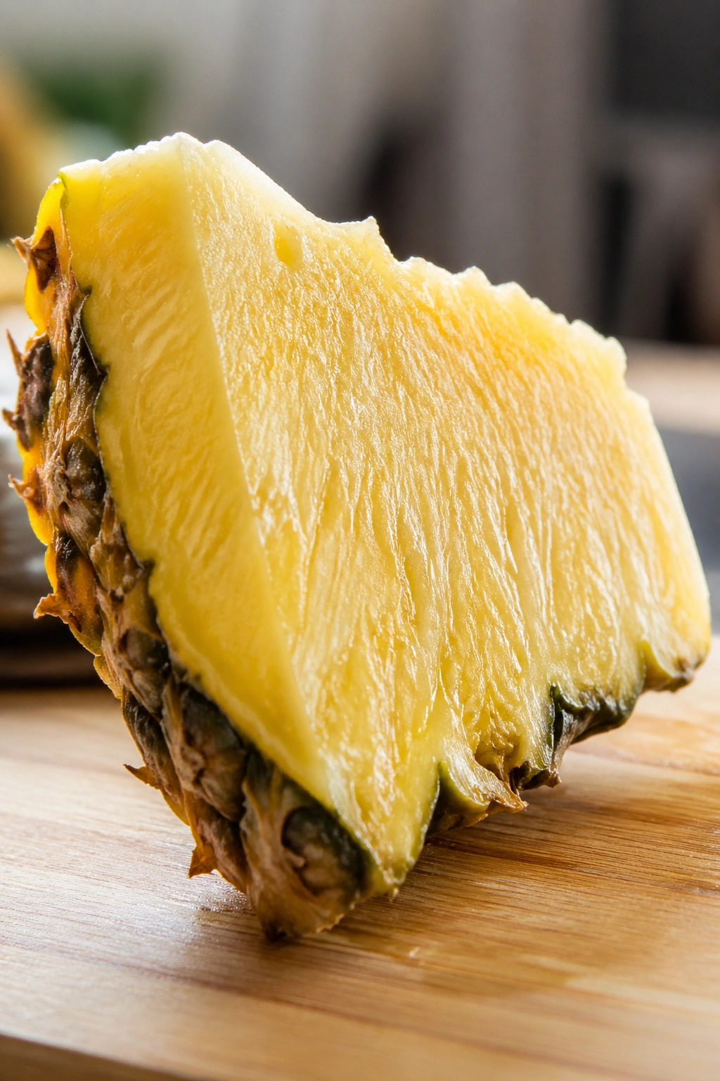 Close-up pineapple wedge on cutting board with bright yellow flesh