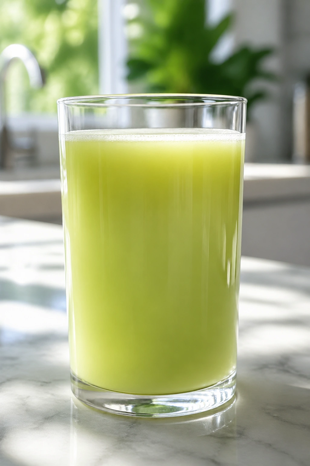 Close-up of a glass of pineapple celery juice on a bright kitchen counter