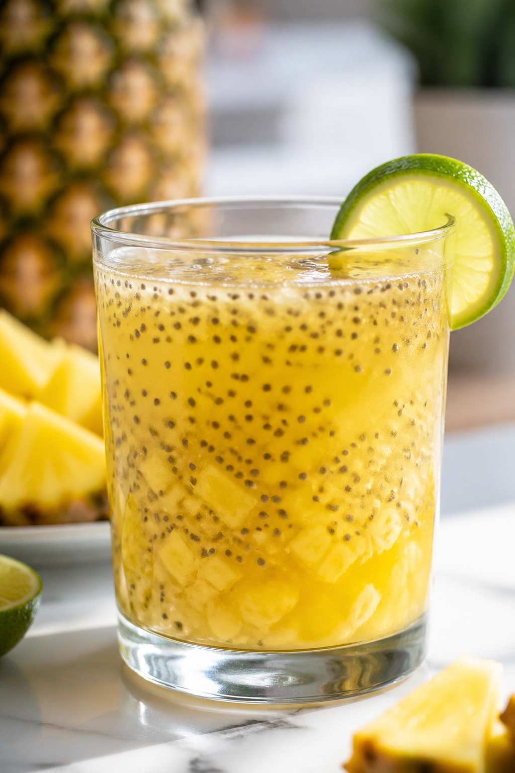 Close-up of Pineapple Chia Refresher with chia seeds in a glass