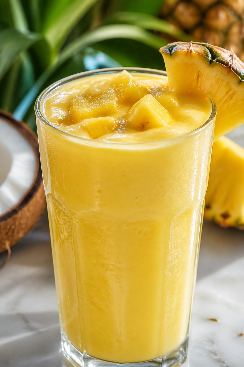 Pineapple coconut smoothie in a glass with pineapple chunks