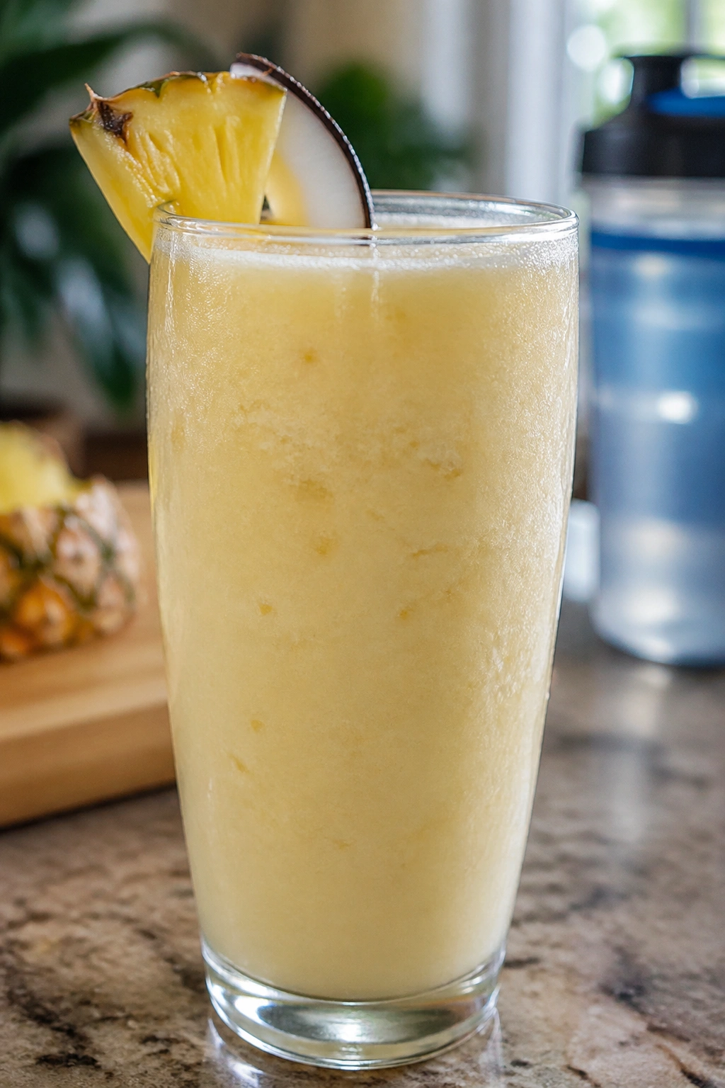 Close-up pale-yellow smoothie in glass on kitchen counter