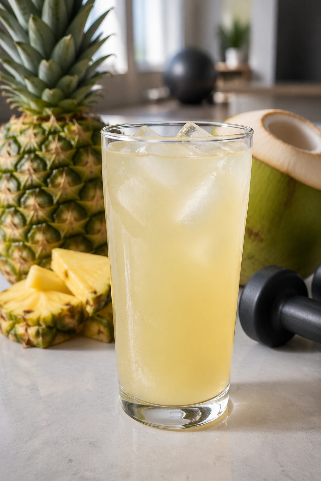 Close-up of a glass with pineapple coconut water recovery drink on a kitchen counter