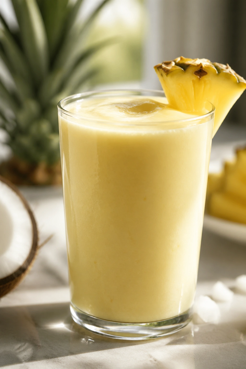 Glass of Pineapple Coconut Whey Shake with pale yellow color