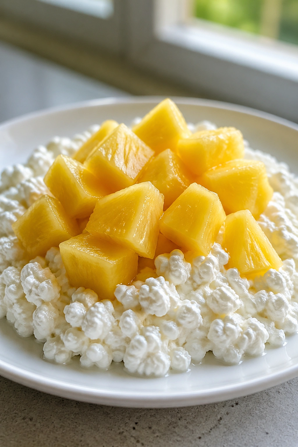 Pineapple chunks on cottage cheese in a bright kitchen