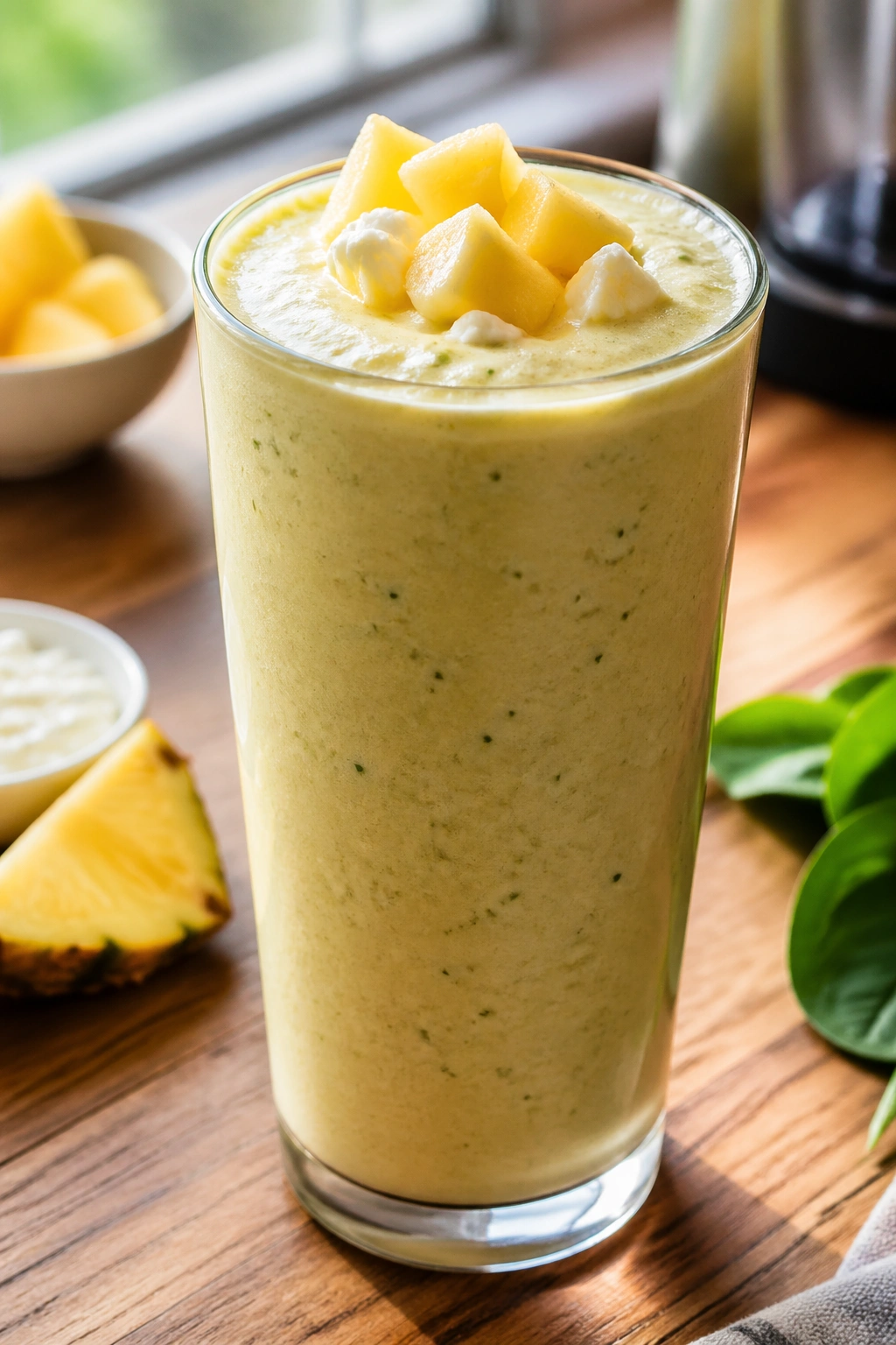 Close-up of Pineapple Cottage Cheese Smoothie in a glass on a wooden counter with natural light