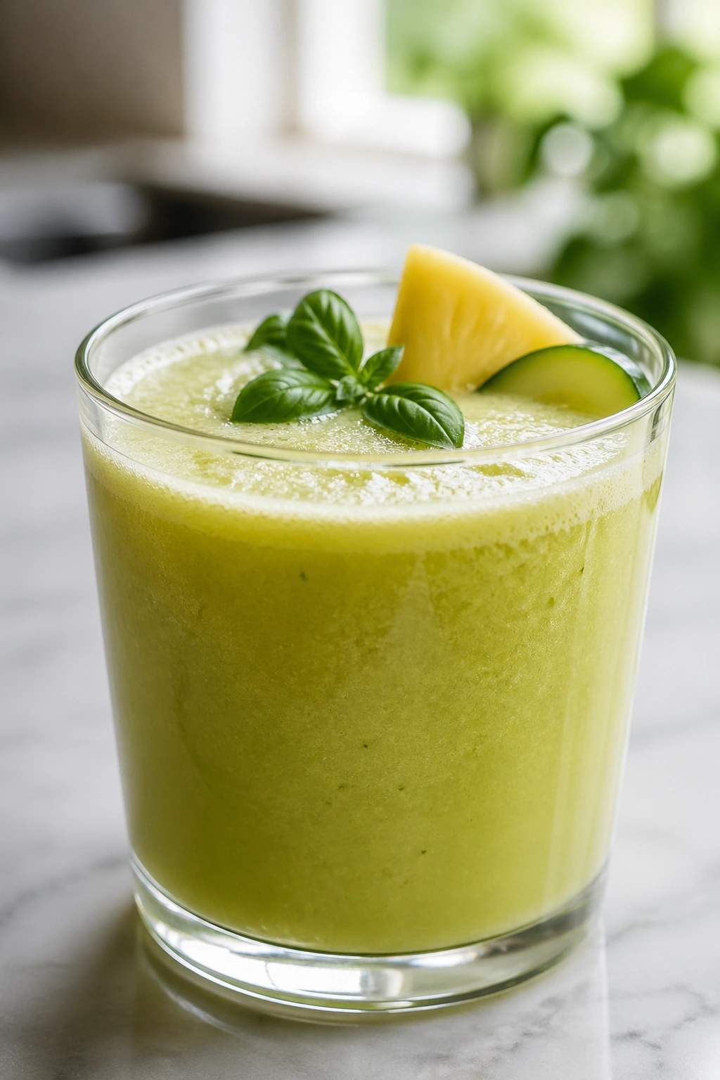 Close-up of pineapple cucumber basil juice in a glass.