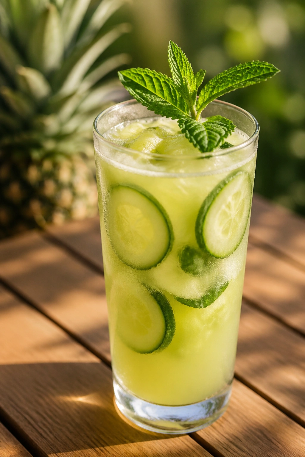 Close-up of Pineapple Cucumber Cooler in a glass with cucumber slices and mint