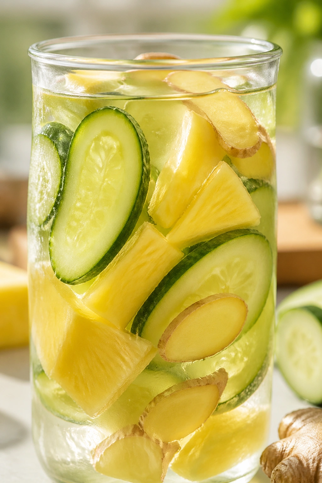 Close-up of pineapple cucumber water with ginger in a glass