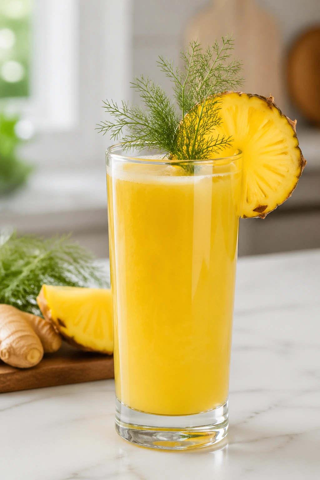 Tall glass of pineapple ginger fennel juice with garnish