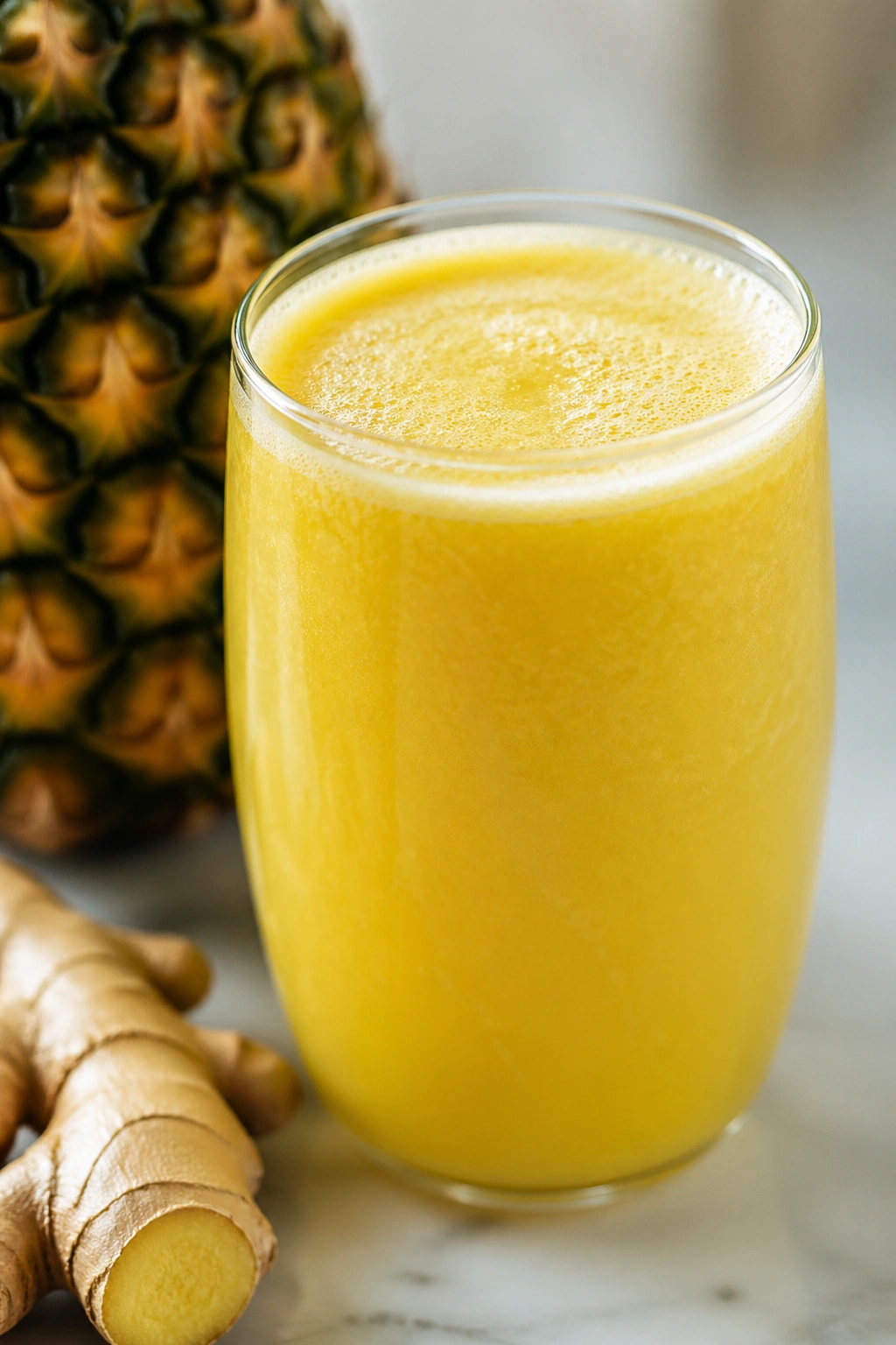 Close-up of a yellow pineapple-ginger drink in a glass