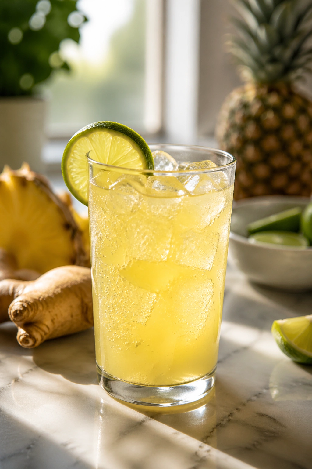Pineapple Ginger Hydration Fizz in a glass with lime wedge on a kitchen counter