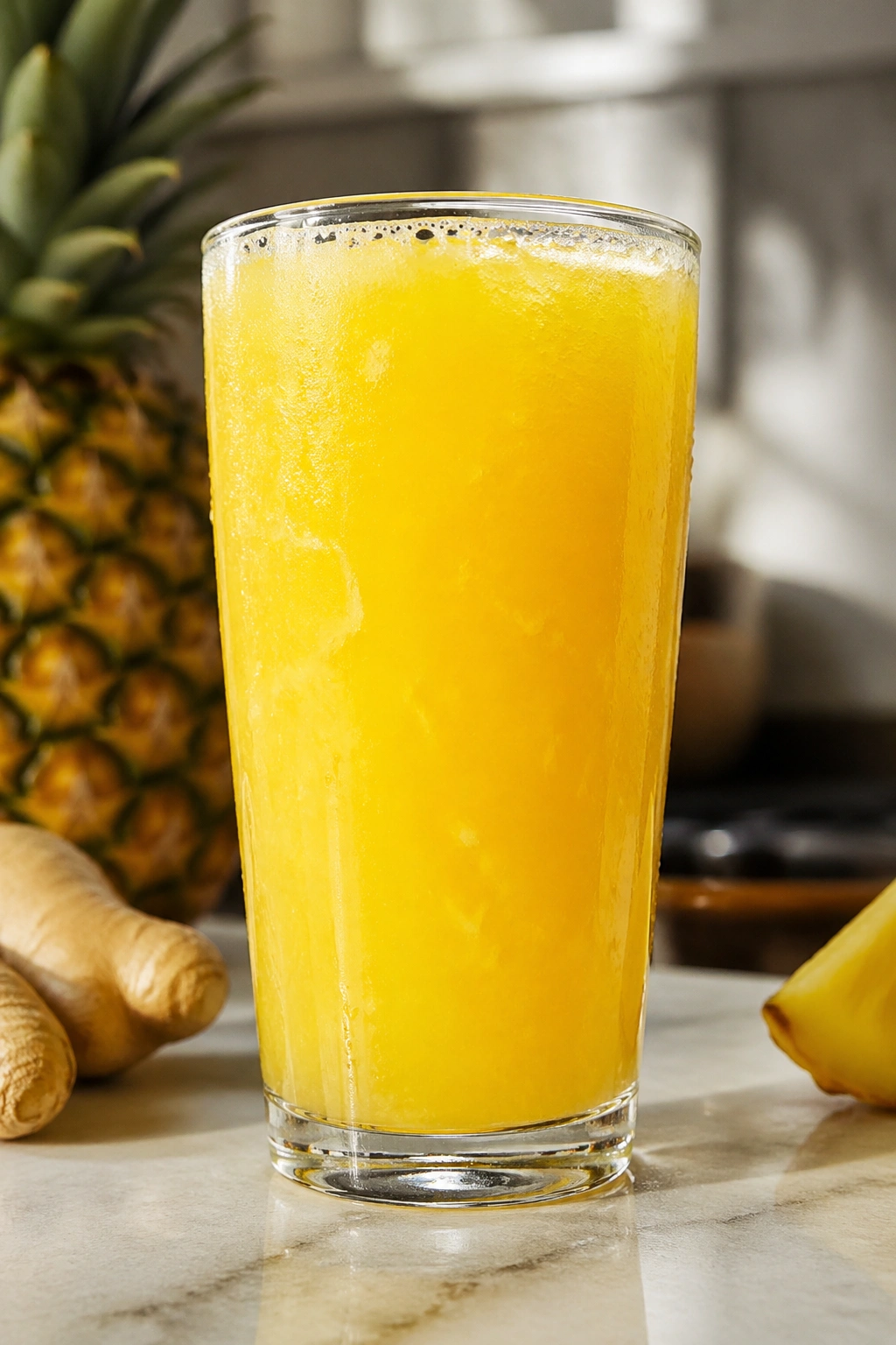 Close-up of a tall glass of pineapple ginger juice on a sunlit kitchen counter.