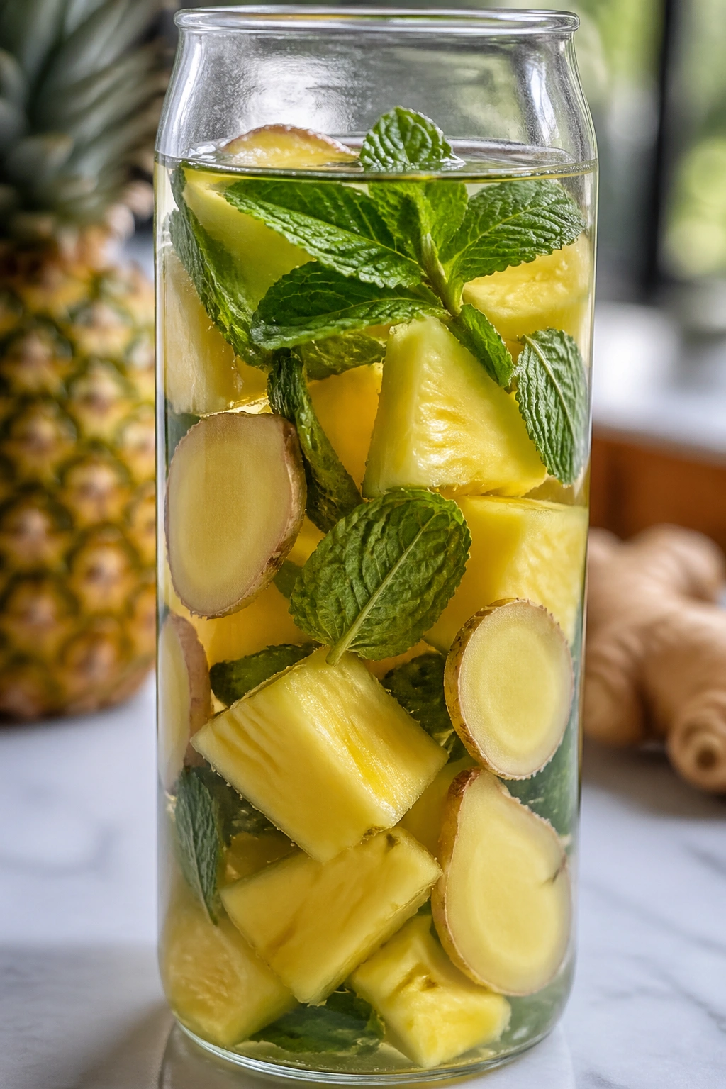 Close-up of pineapple ginger mint water with pineapple, ginger, and mint in a glass