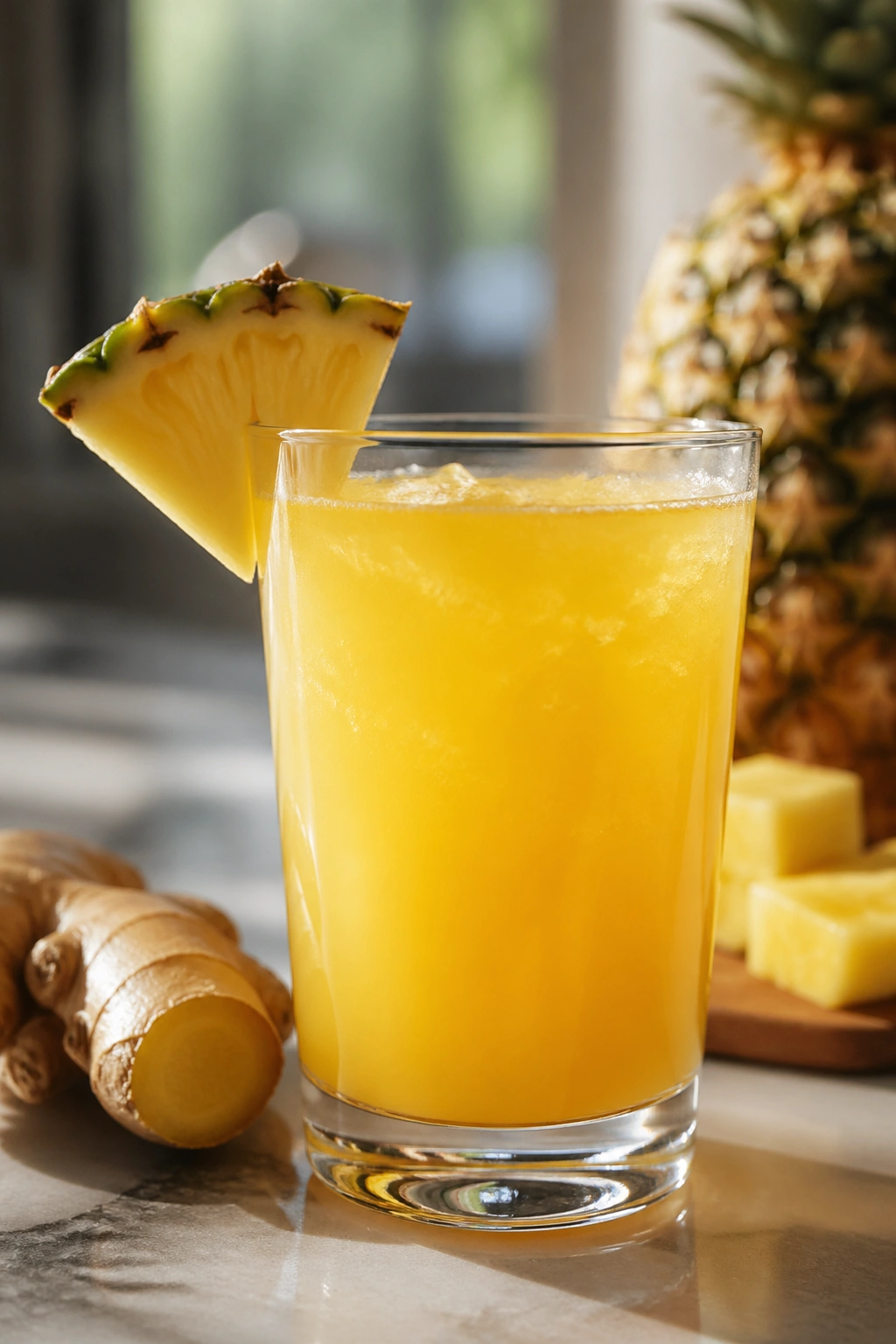 Glass of pineapple-ginger recovery drink on a kitchen counter.