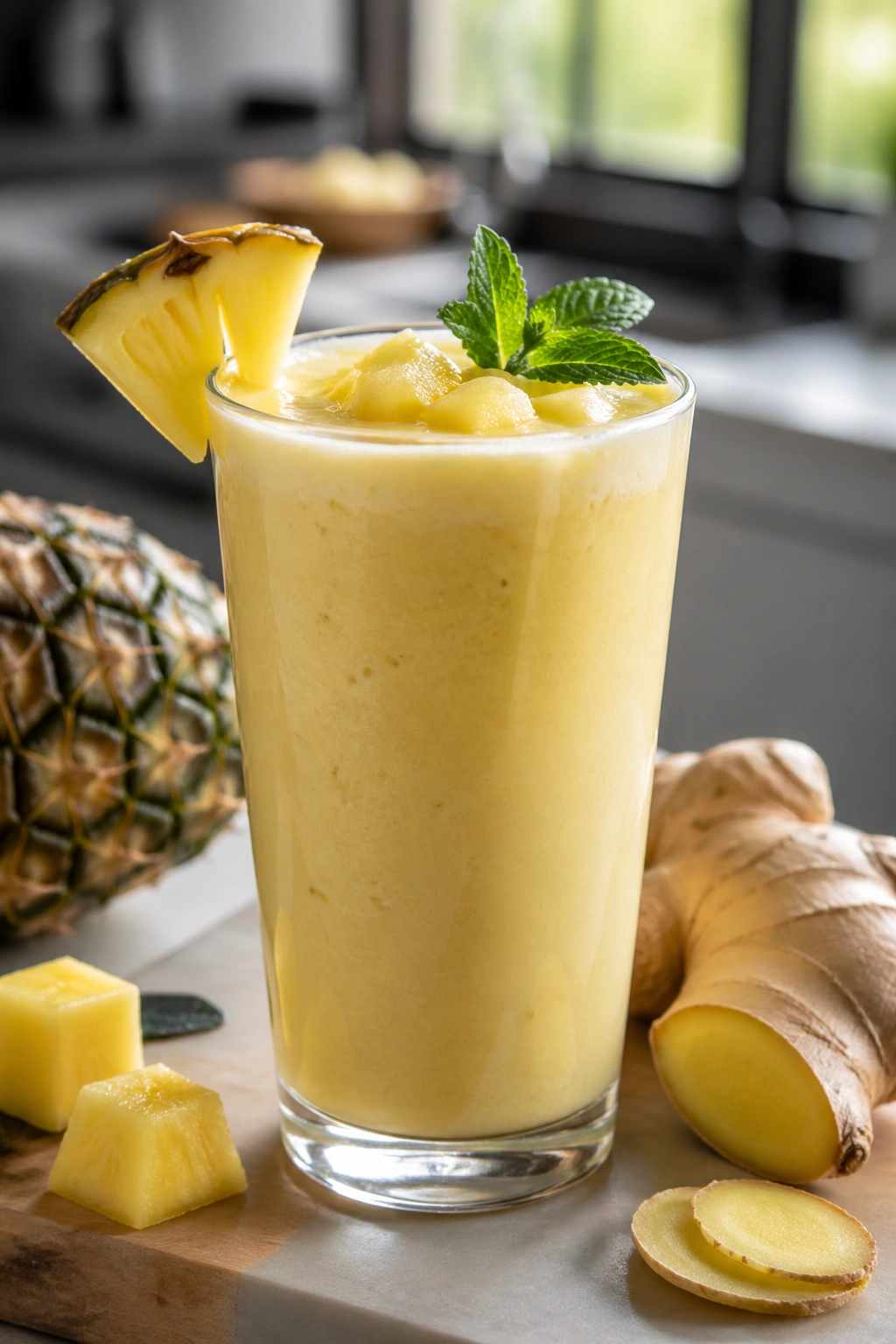 Close-up of Pineapple Ginger Yogurt Shake in a glass in a kitchen setting