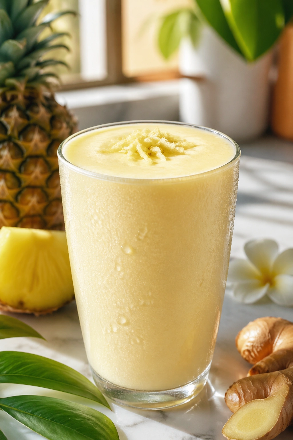 Close-up of a pale yellow pineapple ginger vanilla shake in a glass on a kitchen counter
