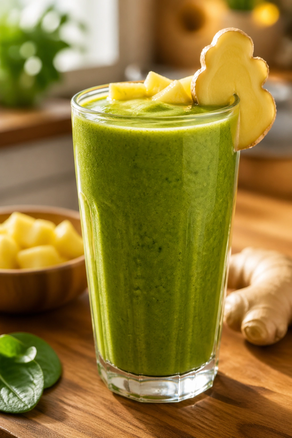 Close-up of a Pineapple Ginger Green Smoothie in a tall glass on a wooden counter