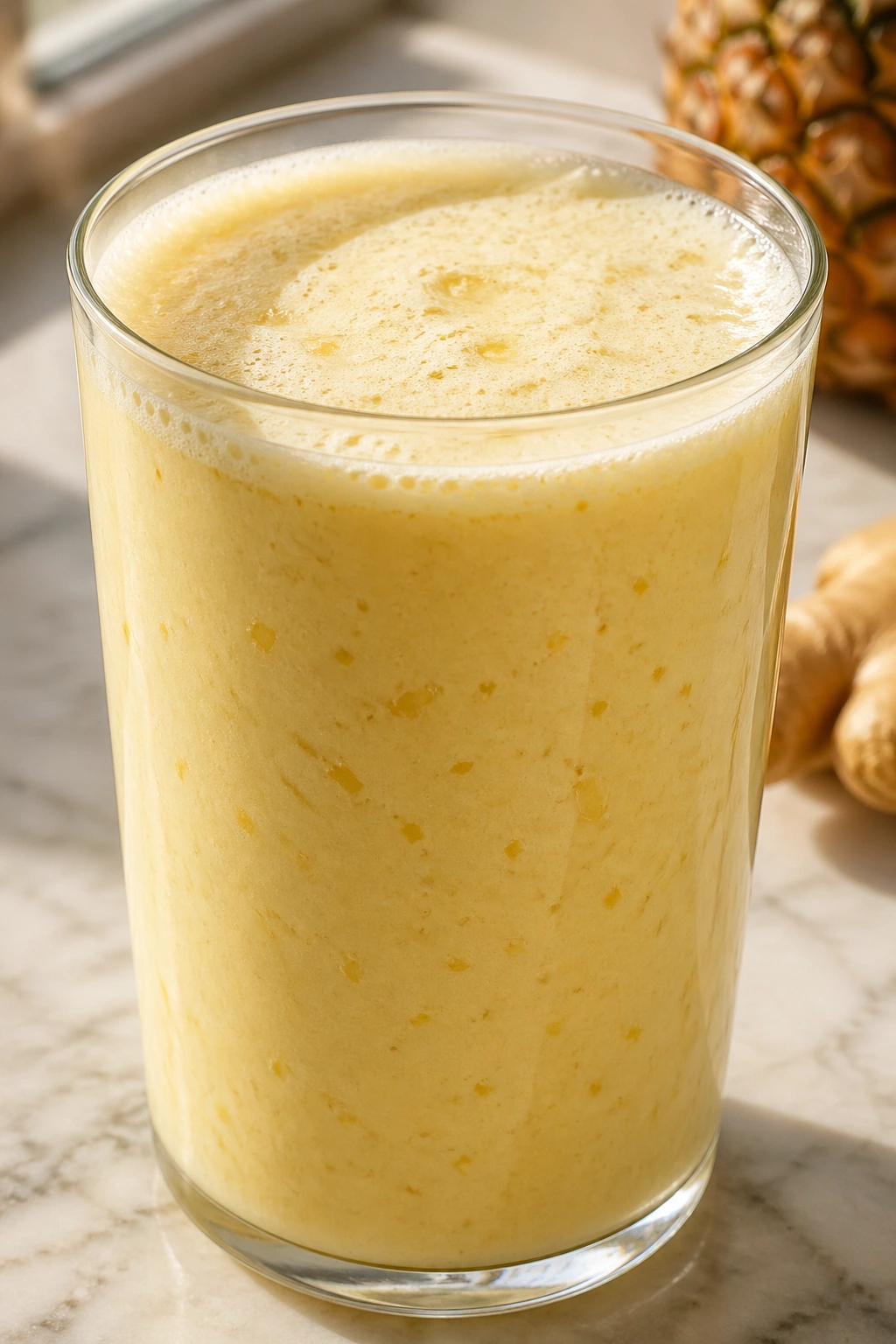 Close-up of pineapple ginger whey smoothie in glass on marble counter