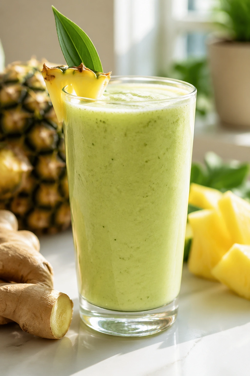 Pale green pineapple ginger green tea smoothie in glass