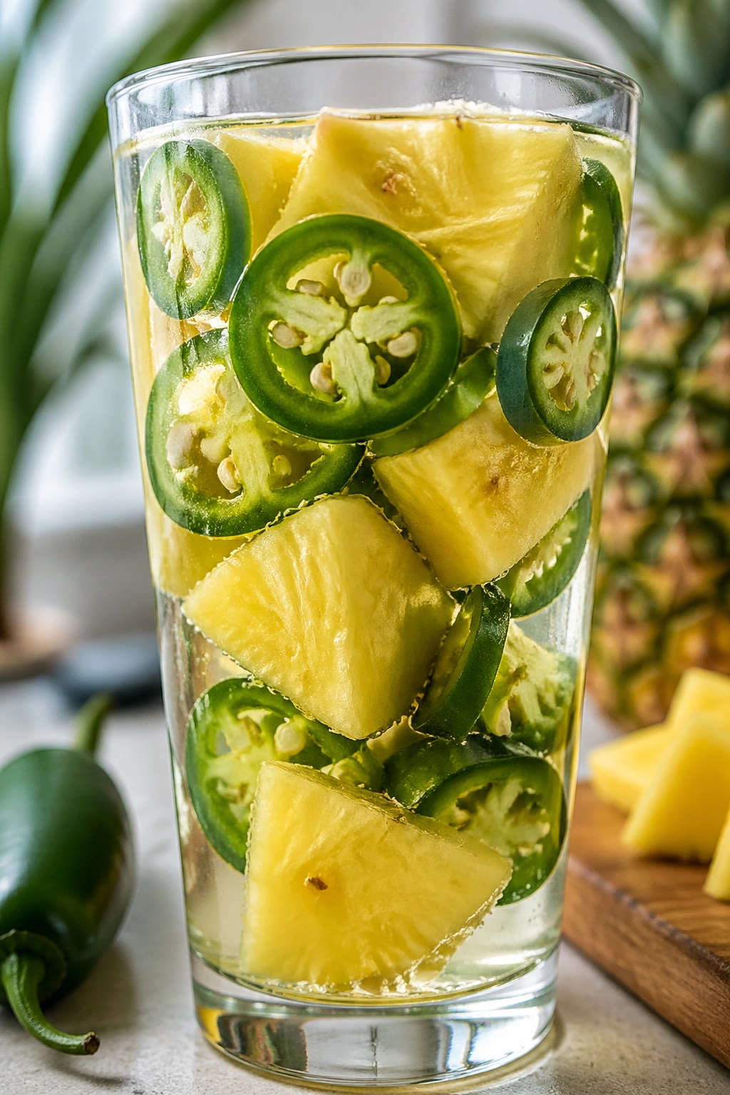 Glass of pineapple and jalapeño infused water with pineapple chunks and jalapeño slices