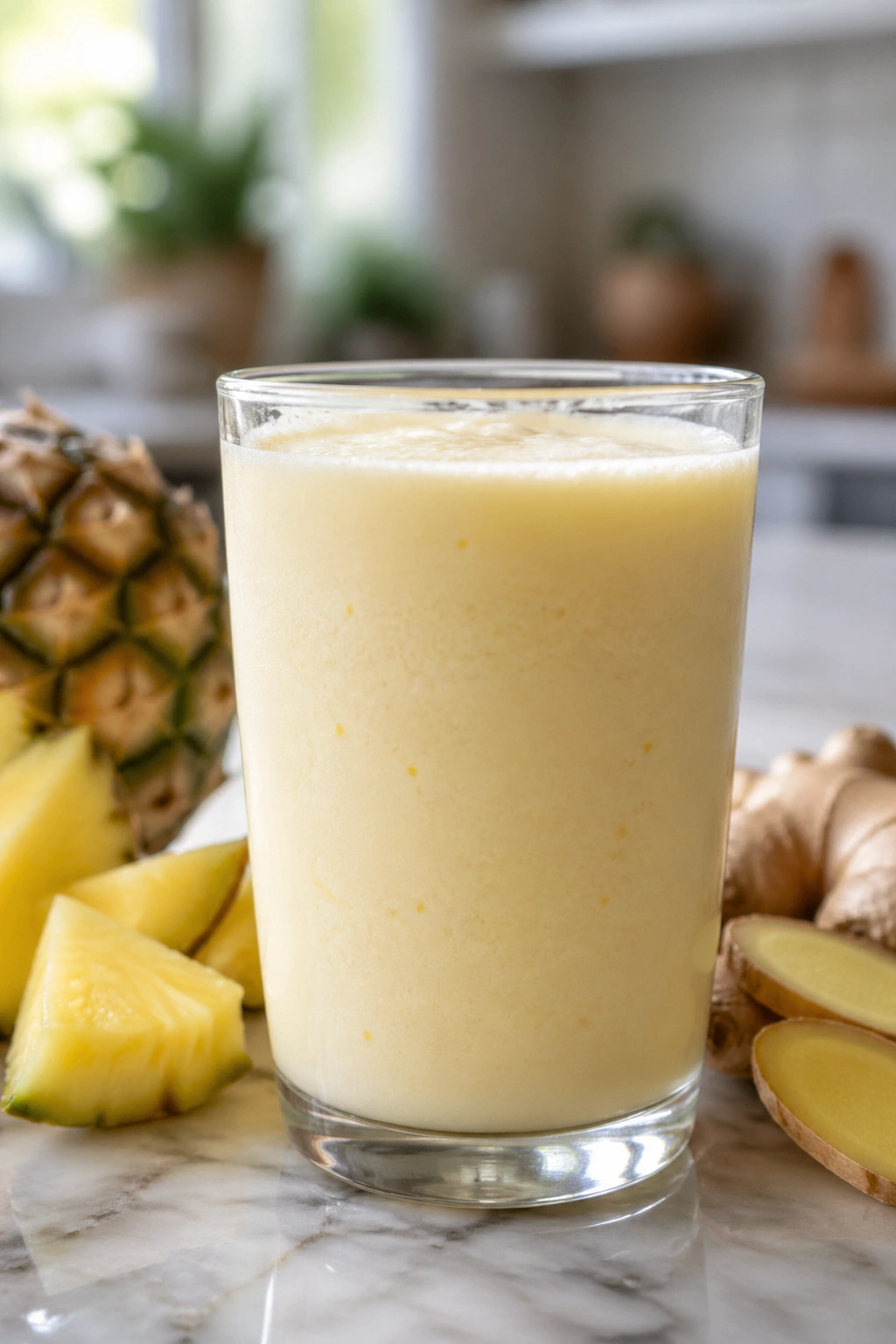 Pale yellow pineapple kefir smoothie in glass on kitchen counter