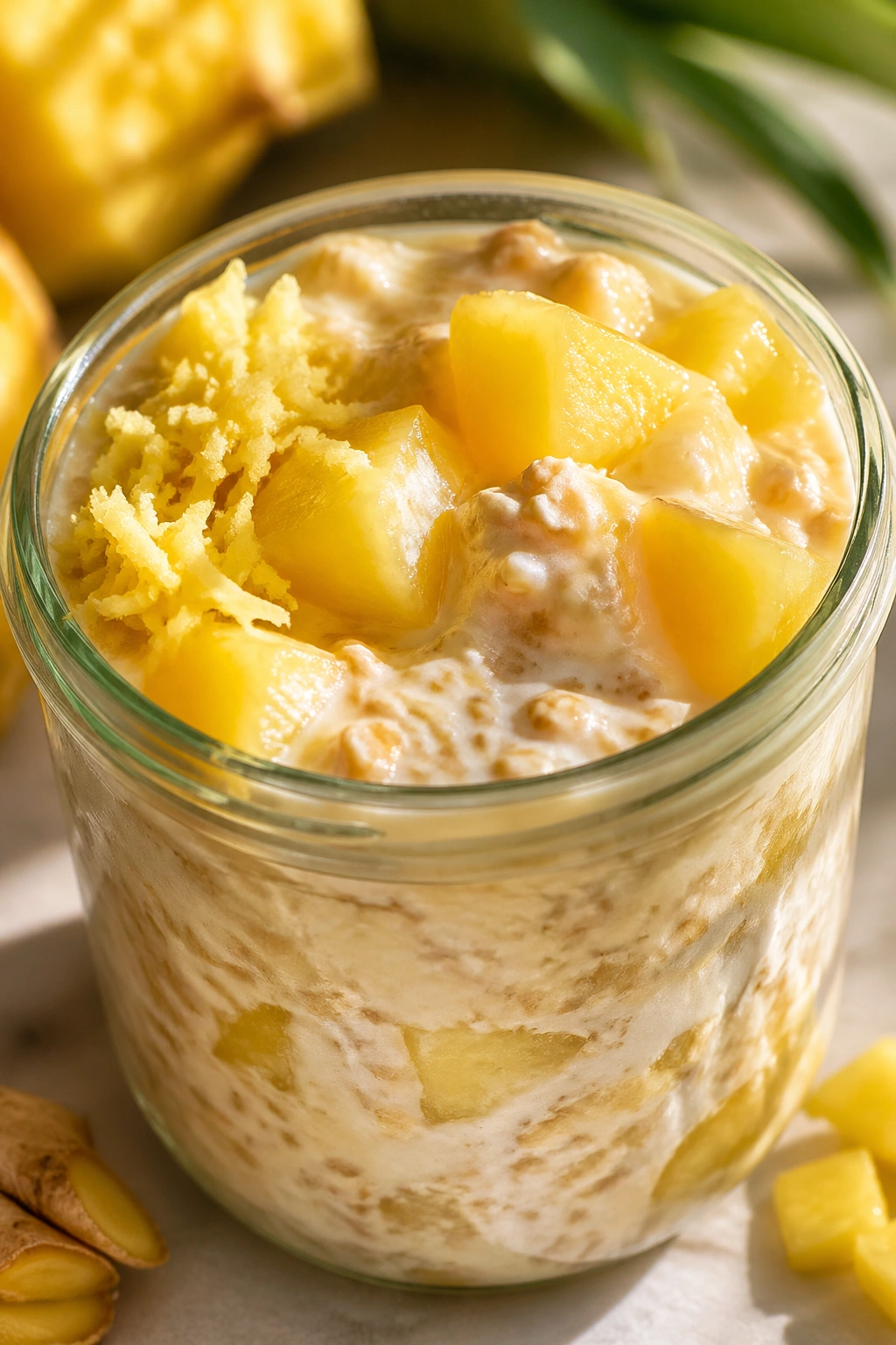 Pineapple Ginger Kefir Oats jar with pineapple and ginger