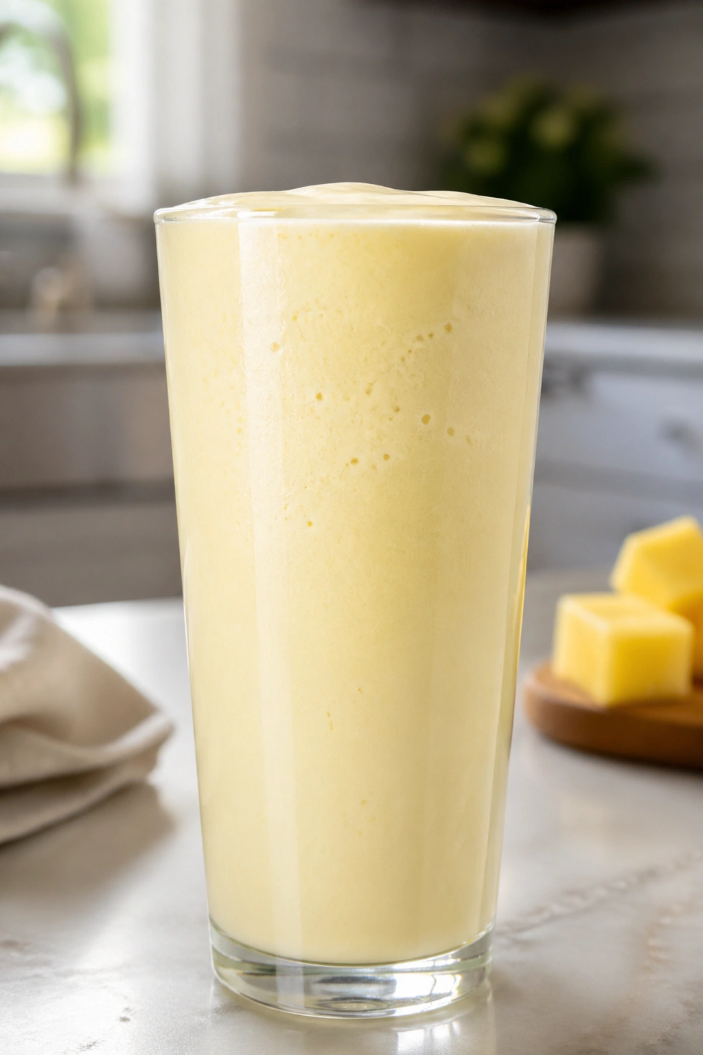 Close-up of a kefir pineapple smoothie in a tall glass