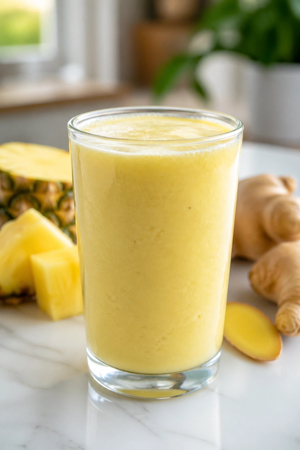 Close-up of pineapple kefir smoothie in glass on bright kitchen counter