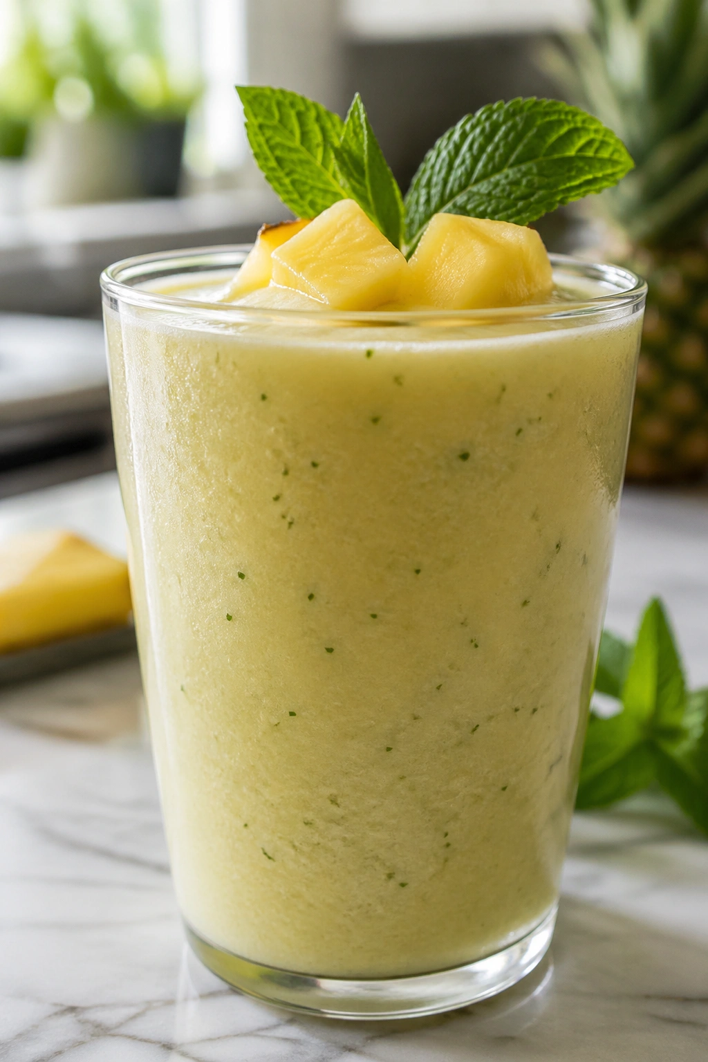 Close-up of pineapple mint rice smoothie in glass on kitchen counter