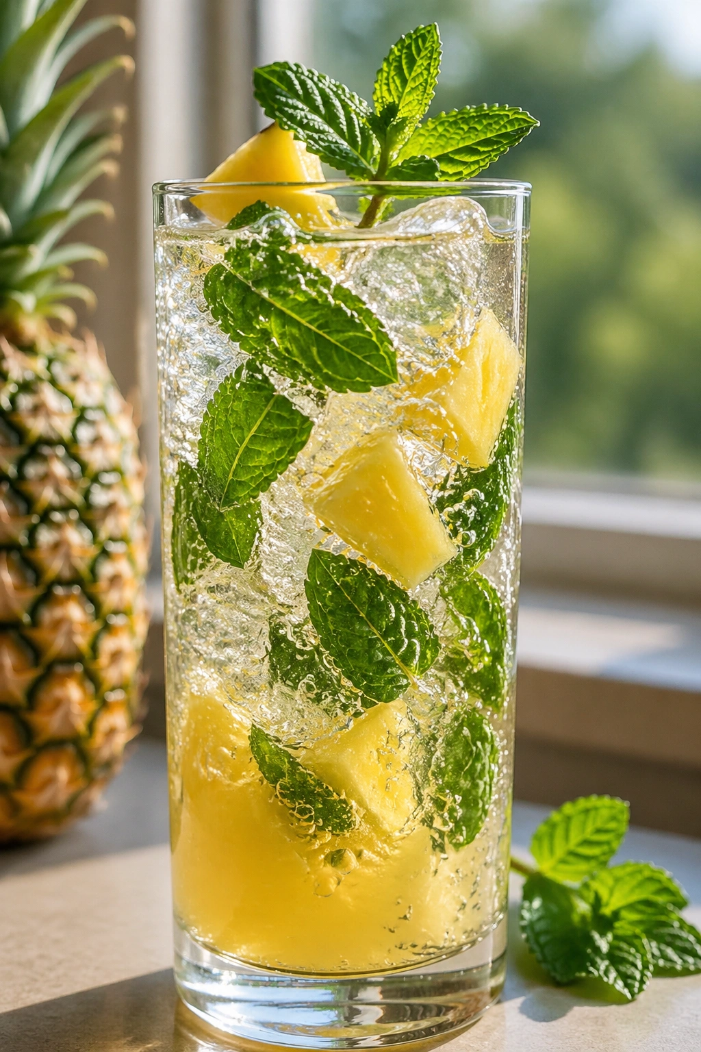 Close-up of Pineapple Mint Sparkler with mint and bubbles