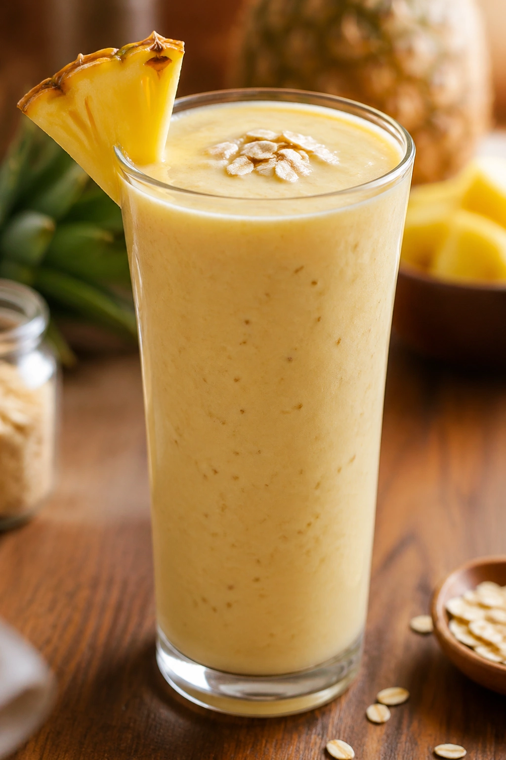 Close-up of a thick pineapple oat breakfast shake in a tall glass