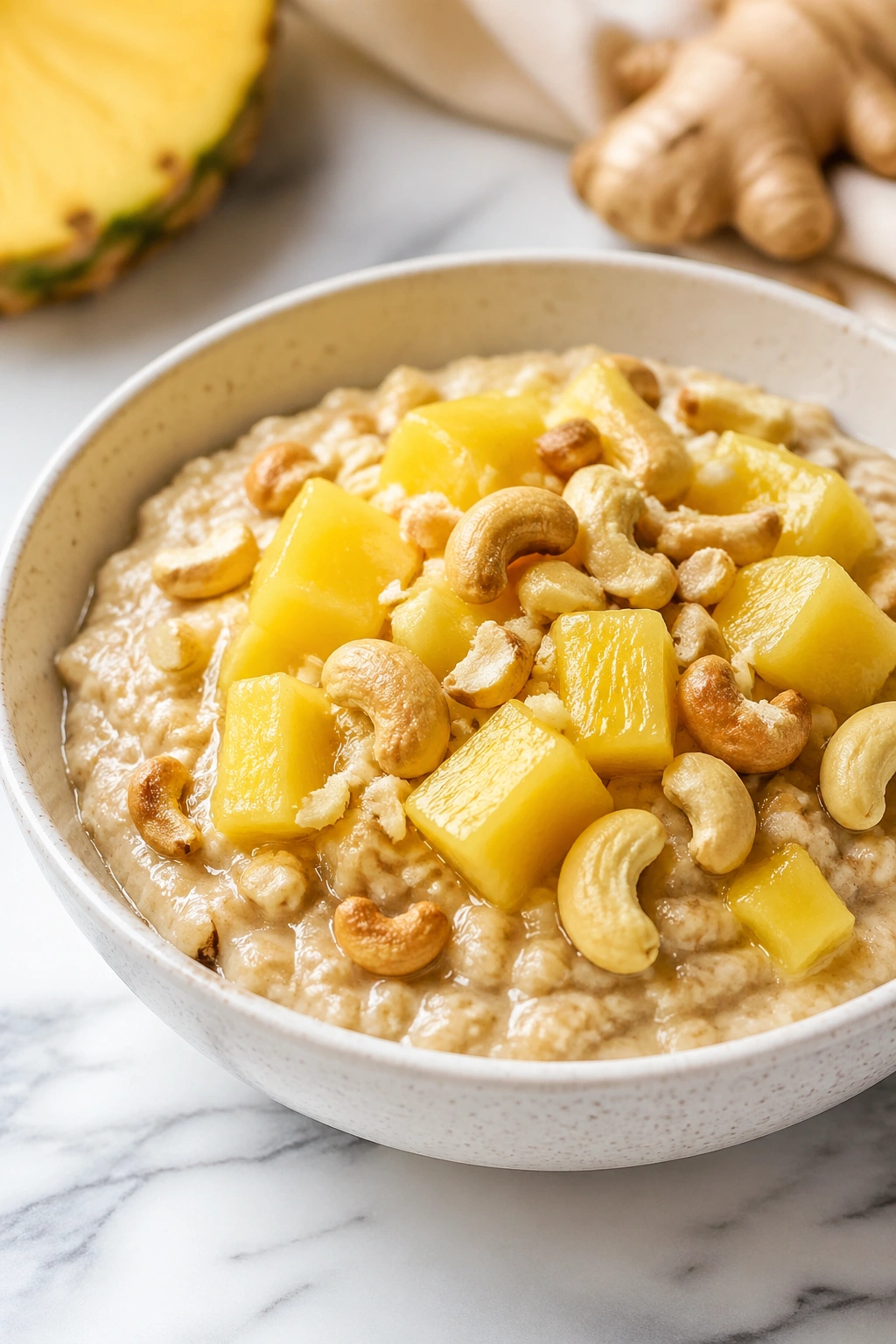 Oats bowl with pineapple chunks and cashews