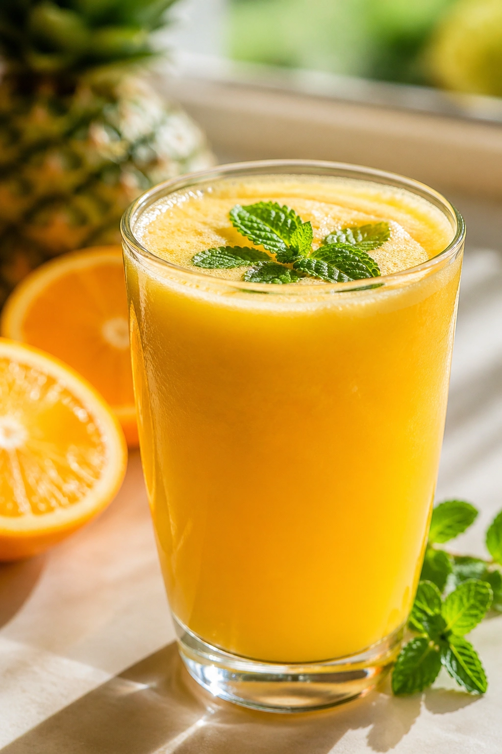 Glass of pineapple orange mint juice on a kitchen counter