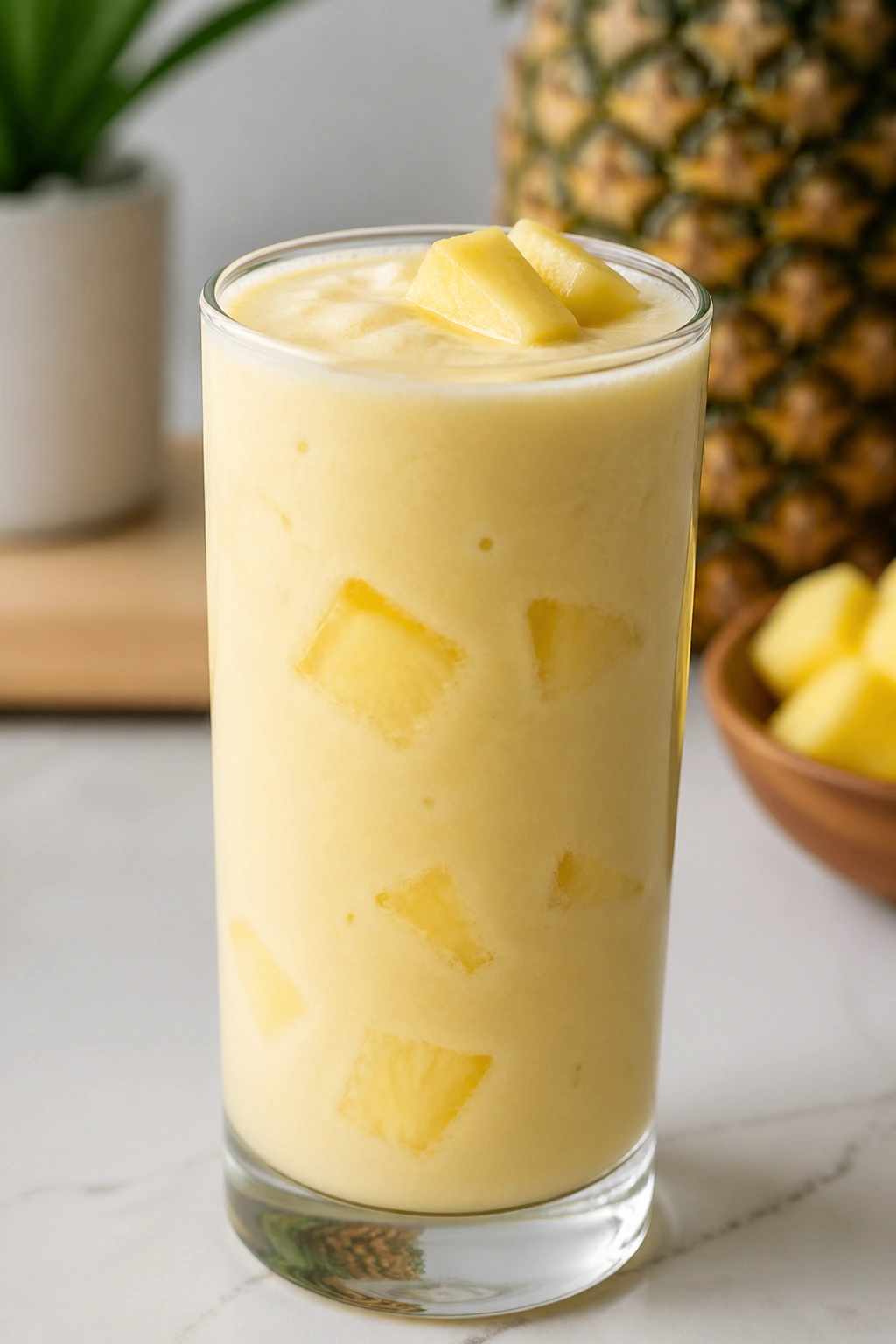 Close-up of Pineapple Protein Smoothie in a tall glass