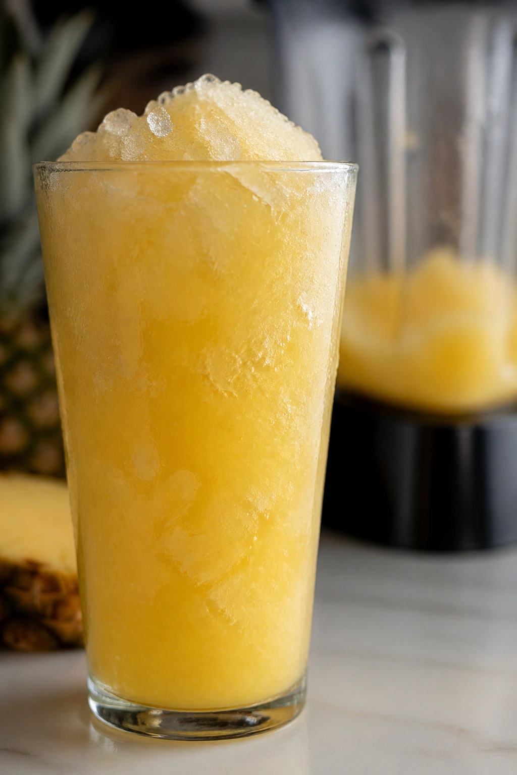 Tall glass of pineapple electrolyte slush on a kitchen counter